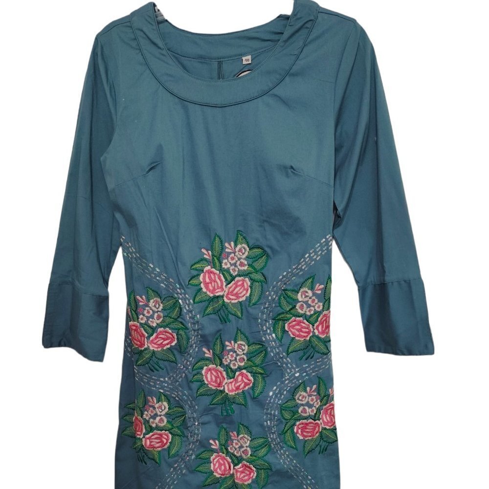 (679) Almatrichi Madrid Spain Blue Teal Floral Embroidered Dress Size US 8